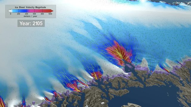 Animation of the Jakobshavn glacier in Greenland. Most pessimist simulated ice sheet response scenarios for 2300. Simulation of the future prevision of the worst scenario with raising of the CO2 emiss