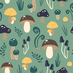 Cute vector pattern with mushrooms in the forest