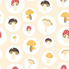 Vector pattern with mushrooms in white bubbles