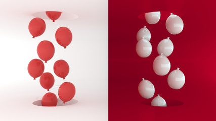 Red color of balloons floated out of the white background hole and the White balloons floated down from the red background hole, illustration,3D rendering.