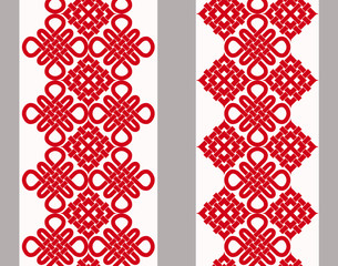 Vertical seamless geometric chinese pattern with red knots and ethnic elements. Vector set of 2. Use for embroidery, braid, tape, ribbon.