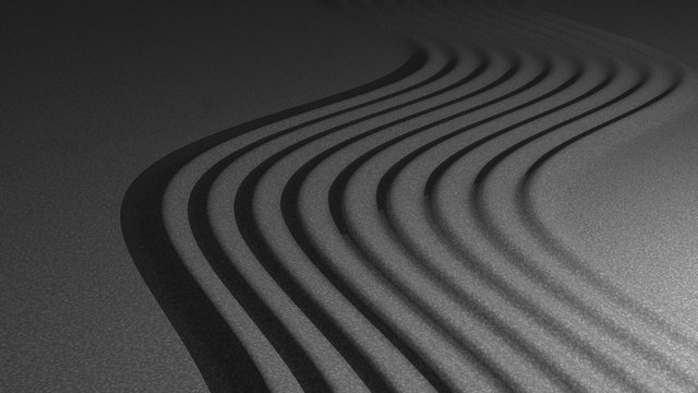 3d rendering of stone on raked sand zen concept