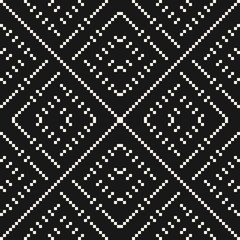 Vector geometric traditional folk ornament. Fair isle seamless pattern. Tribal ethnic motif. Ornamental texture with squares, crosses, embroidery, knitting. Simple black and white repeat background