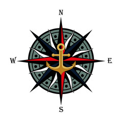 Vector image of a wind rose with a golden anchor.