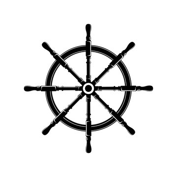 Black and white vector image of a ship steering wheel. Image on a white background.