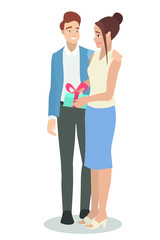 Vector with a young white guy who gives a gift to a girl. Ideal for advertising holidays and Valentine's Day.