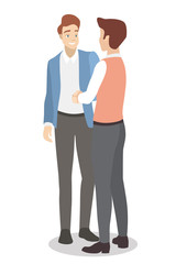 Vector with a young white businessman who shakes hands with a colleague. Ideal for advertising and presentation.