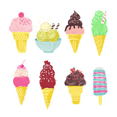 Ice cream in a cone on a white background. Hand-drawn set with ice cream. Vector illustration.