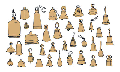 Collection with vintage bells on a white background. Hand drawn vector illustration.