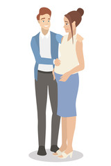 A young white guy touches a pregnant girl by the belly. Ideal for social advertising and presentations.