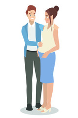 A young white guy touches a pregnant girl by the belly. Ideal for social advertising and presentations.