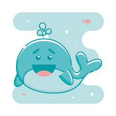 Whale with fish and stars in linear style.