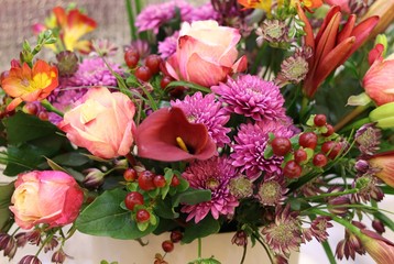 Flower arrangements. Beautiful bouquets for the holidays. Floral background, copy space. Valentines day gifts