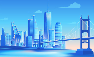 Urban landscape, City skyline and bridge. Daytime city scape in flat design. vector illustration