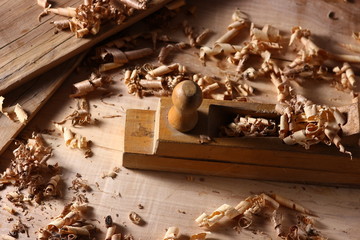 wood shavings and jointer on the joiner's table