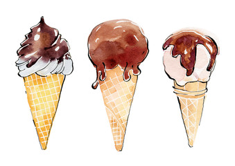 Ice cream painted in watercolor on a white background. Drawn watercolor illustration.