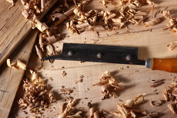 carpenter's tool close-up on a table with shavings