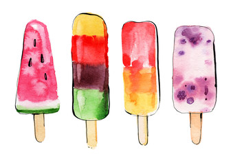 Ice cream painted in watercolor on a white background. Drawn watercolor illustration.