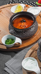 Saltwort solyanka red soup on wooden board