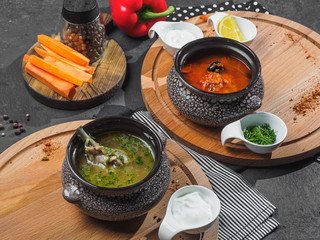 Two soups on boards: solyanka and chicken soup