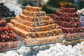 Selling various traditional sweets in Turkey. Storefront or tray in the local market