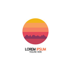 Isolated round sunset vector logo. Mountains silhouette. Minimalistic evening sky.