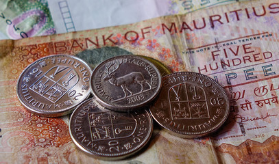 Mauritian rupee bill note with coins