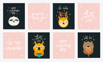 Valentine's day. Vector hand drawing poster collection with cute animals and slogans.