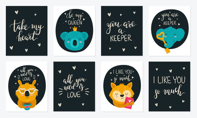 Valentine's day. Vector hand drawing poster collection with cute animals and slogans.