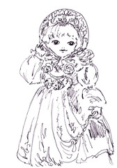 graphic black and white drawing old doll girl in a beautiful dress and hood