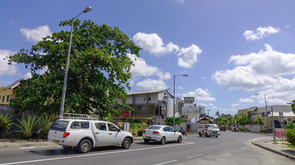 Cars on rural road in Mauritius Island