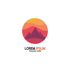 Isolated round sunset vector logo. Mountains silhouette. Minimalistic evening sky.