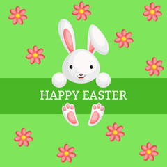Happy Easter greeting card with сolorful rabbit and flowers