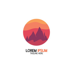 Obraz premium Isolated round sunset vector logo. Mountains silhouette. Minimalistic evening sky.