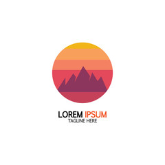Isolated round sunset vector logo. Mountains silhouette. Minimalistic evening sky.