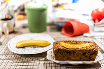 Freshly baked Banana Cake placed on the table, ready to eat.