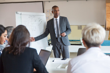 Workers discussing ideas during presentation of new project. Serious speaker near whiteboard. Business meeting concept