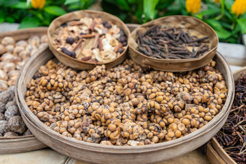 Tray of civet cat poo containing digested coffee beans. Once roasted, the coffee - known as Kopi Luwak - fetches very high prices