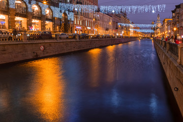 Nevsky Prospect in St. Petersburg. 2020 January. Photo of the highway.   Night photo of the city.