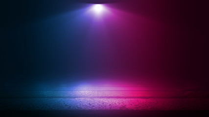 Empty dark abstract background. Empty street background. Glow of neon lights on an empty road. Night view of the city