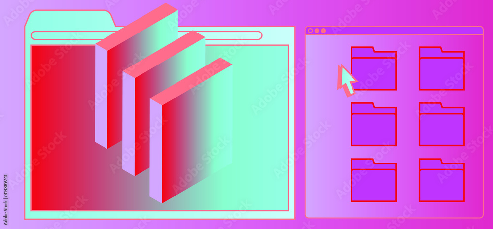 Poster Abstract technology background with user interface elements: browser window and folders. Retrofuturistic vaporwave style illustration in vibrant neon colors.