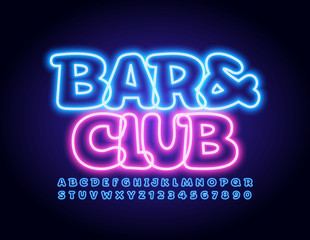 Vector illuminated Sign Bar&Club.  Neon trendy Font. Modern glowing Alphabet Letters and Numbers. 
