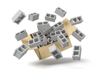 3d rendering of cardboard box in air full of gray hollow bricks which are flying out and floating outside.
