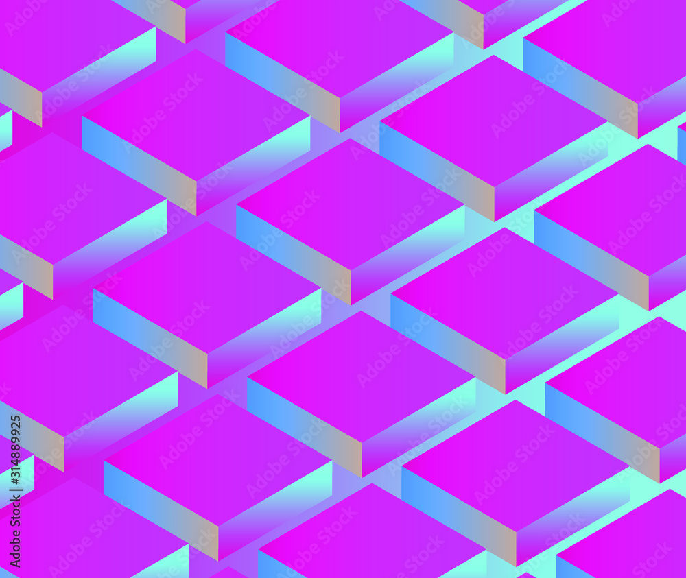 Aufkleber Abstract retrofuturistic background with repetative pattern of neon rectangular 3d shapes in isometric projection. Vaporwave and synthwave 80's-90's aesthetics style illustration.