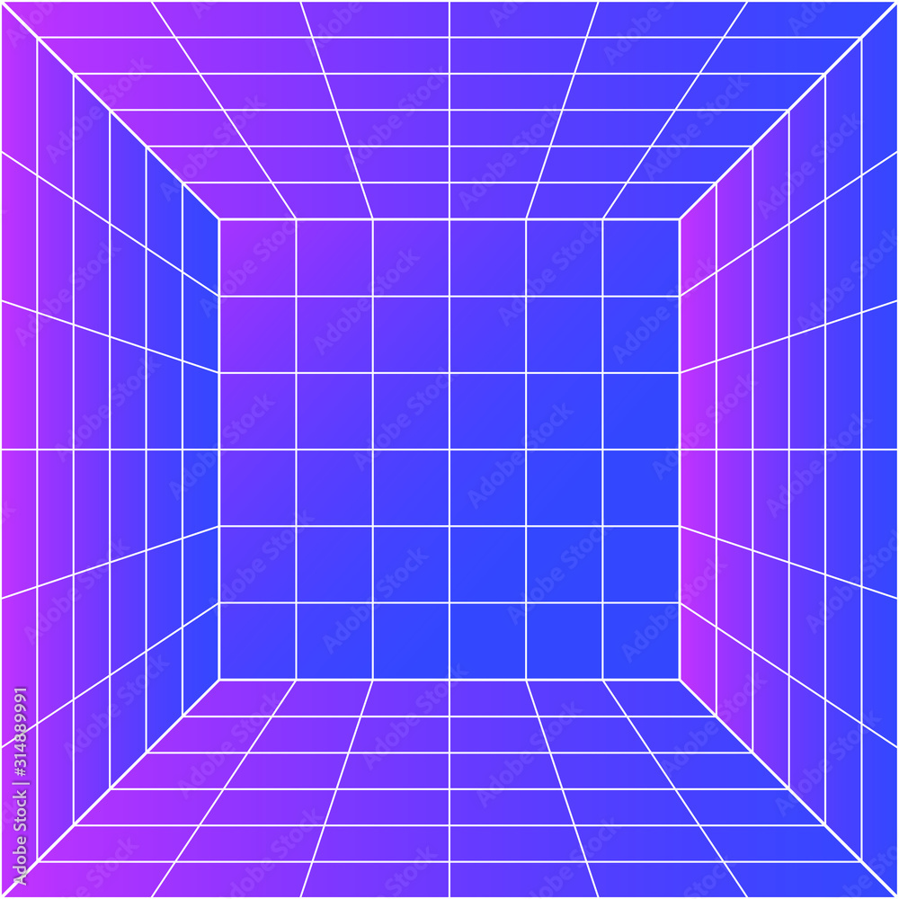 Poster Room or space in virtual reality with 3d perspective laser grid. Retrofuturistic vaporwave and retrowave style like in old 80s-90s acrade games.