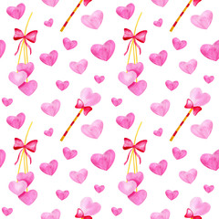 Watercolor red bow with pink hearts and fairy wand seamless pattern isolated on white background. Cute hand drawn love illustration for Saint Valentines Day, Birthday party, card, wrapping, textile.