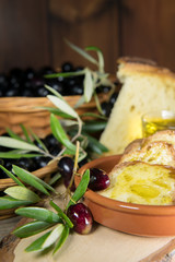 Sliced bread with extra virgin olive oil made in Salento, Puglia, Italy. Tradicional starters of mediterranean diet