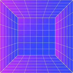 Room or space in virtual reality with 3d perspective laser grid. Retrofuturistic vaporwave and retrowave style like in old 80s-90s acrade games.