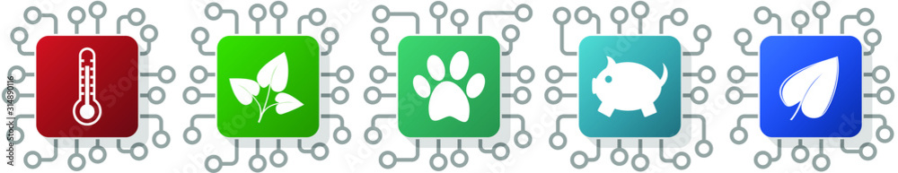 Poster set of pig, leaf, plant and thermometer icons for webdesign and mobile applications, cpu, chip conce