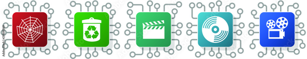 Poster set of play, movie, video, garbage and recycle icons for webdesign and mobile applications, cpu, chi